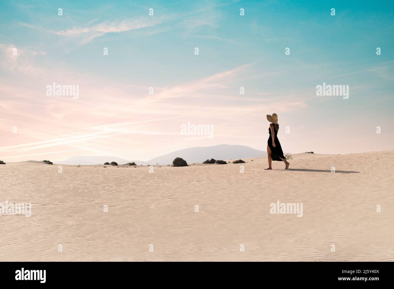 Fokussierte weibliche Hexe beim Lesen des Zauberbuches, während sie auf Felsen in der Nähe von Besen im Wald sitzt Stockfoto