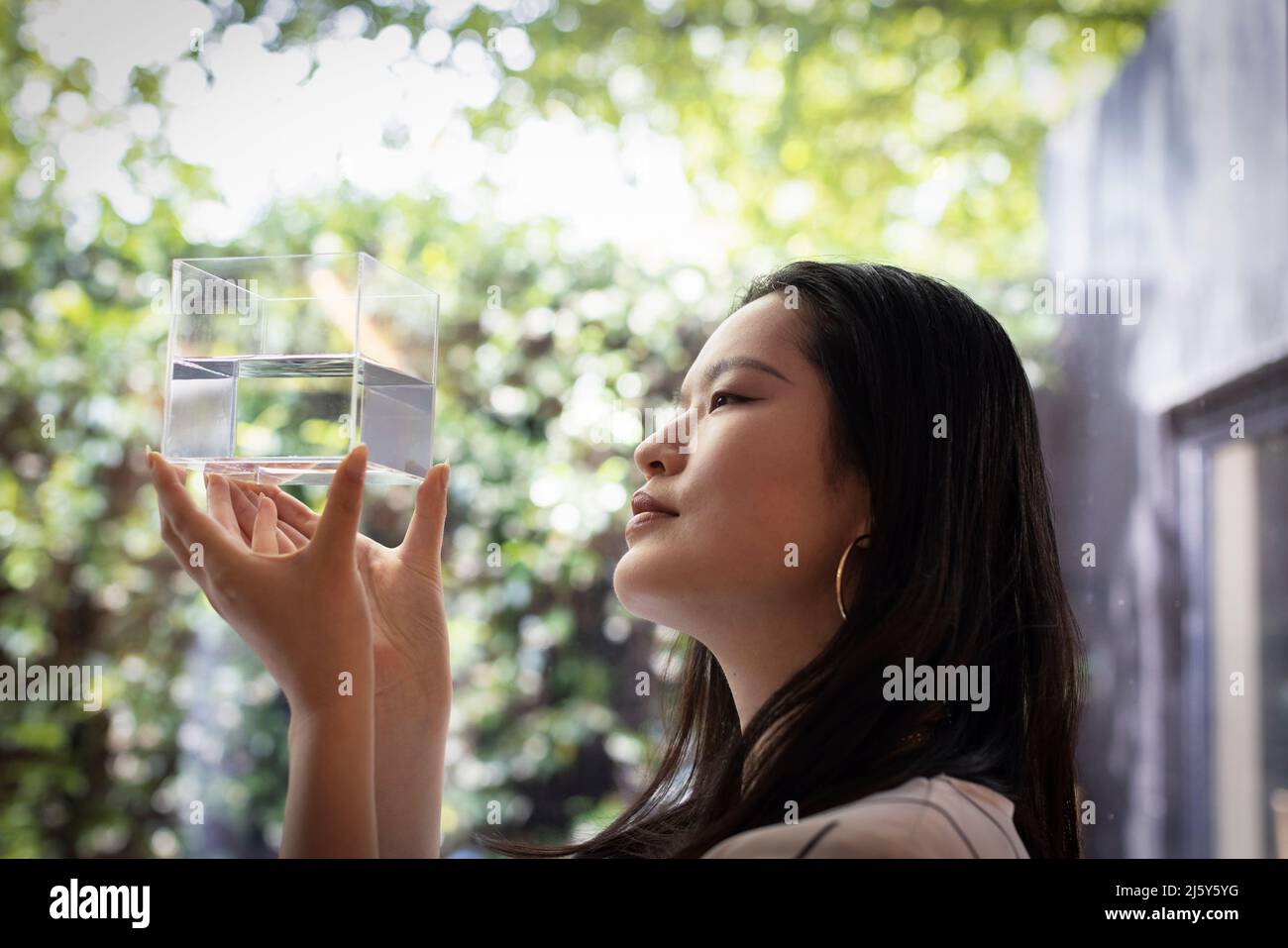 Kreative Designerin, die den Würfel mit Wasser am Fenster betrachtet Stockfoto