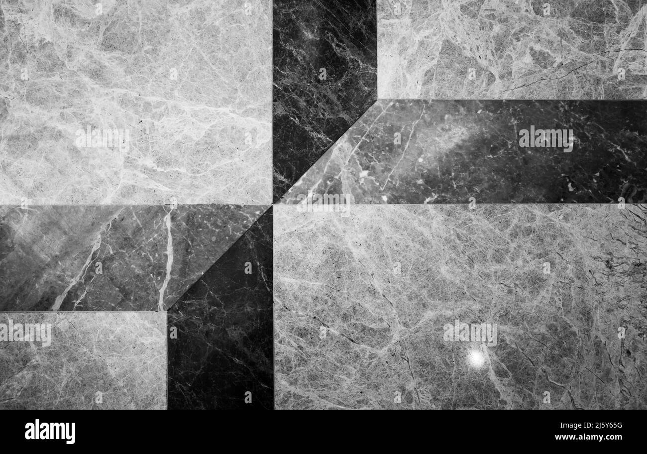 Marmorboden mit schwarzen und grauen Kacheln, Nahaufnahme der Hintergrundbilder, Draufsicht Stockfoto