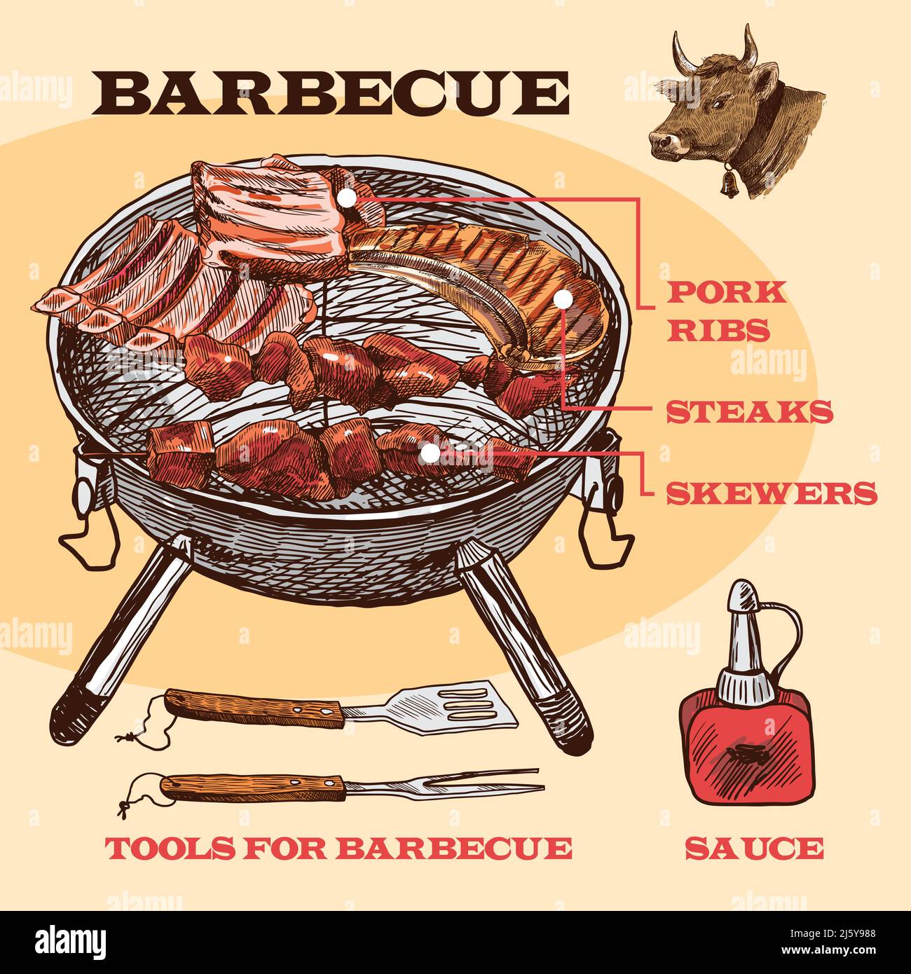 Fleisch bbq Set Skizze Infografik mit Schweinerippen und Steaks vektorgrafik Stock Vektor