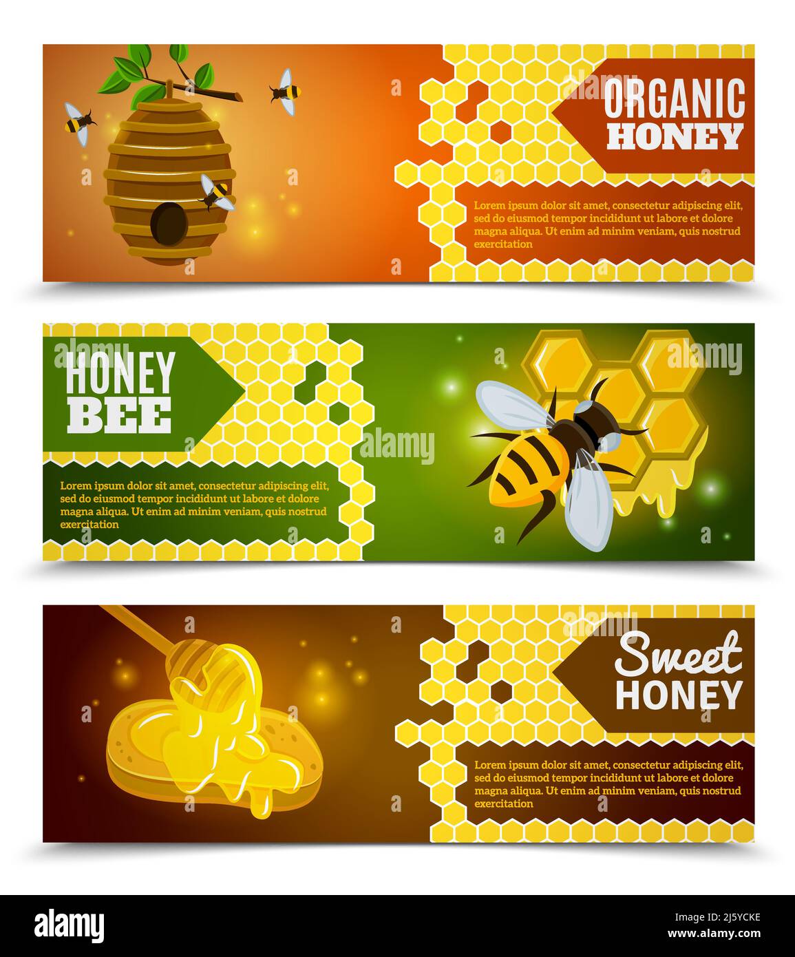 Honey horizontale Banner Set mit Biene Bio-und süßen Honig Symbole flach isolierte Vektordarstellung Stock Vektor