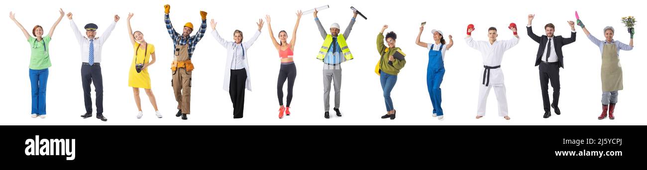 Set Collage von professionellen Mitarbeitern isoliert auf weißem Hintergrund, in voller Länge Porträt, Arme angehoben, Erfolg hr Konzept Stockfoto