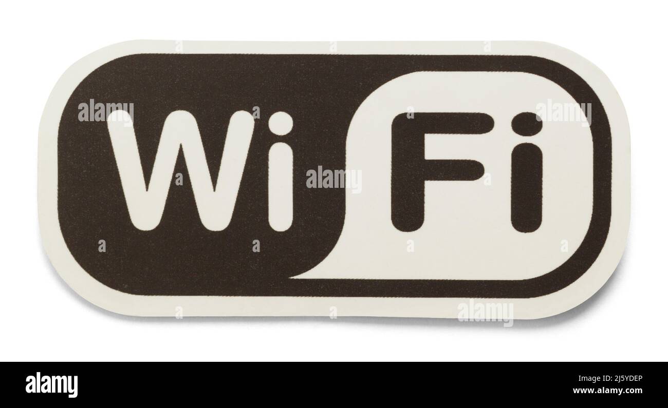 Schwarz-Weiß Wi-Fi Sticker auf Weiß ausgeschnitten. Stockfoto