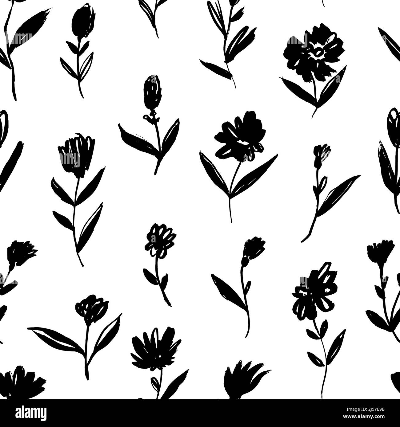 Pinsel schwarze kleine Blumen mit Blättern Muster. Stock Vektor