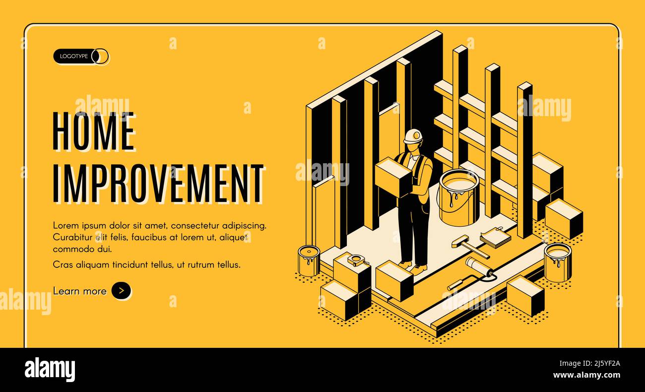 Isometrische Landing Page zur Verbesserung der Startseite. Baureparaturdienstmitarbeiter mit Werkzeugen machen Renovierung Wände malen. Engineering Architect Buildi Stock Vektor