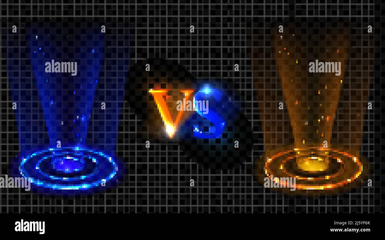 Vs Hologramm Effektkreise. Gegen neonleuchtende blaue und rote runde Strahlen für Kampf- oder Wettkampfpodeste. Beleuchtung magischer Fantasy-Portale oder Futuris Stock Vektor