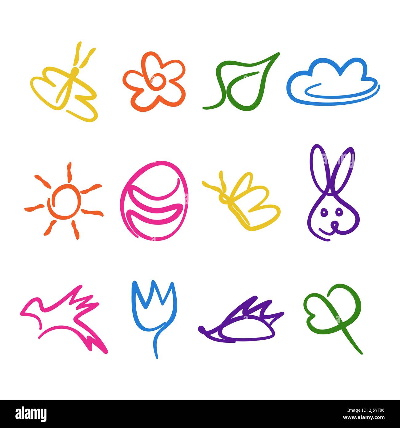 Spring Elements One Line Doodle Set. Einfache abstrakte Blume Sonne Wolke Schmetterlinge Vogel Blätter osterei Kaninchen Schwein. Postkarte, Urlaub Textil Dekor Vektor Illustration Stock Vektor