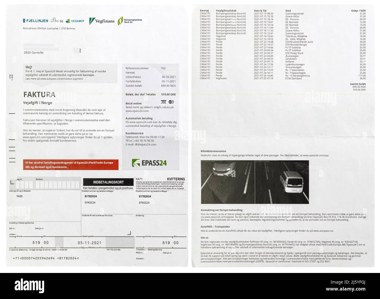 Norwegian Road Maut Rechnung zu Hause erhalten mit Details zu jeder Straßenmaut und Kamerabilder des Autos Stockfoto