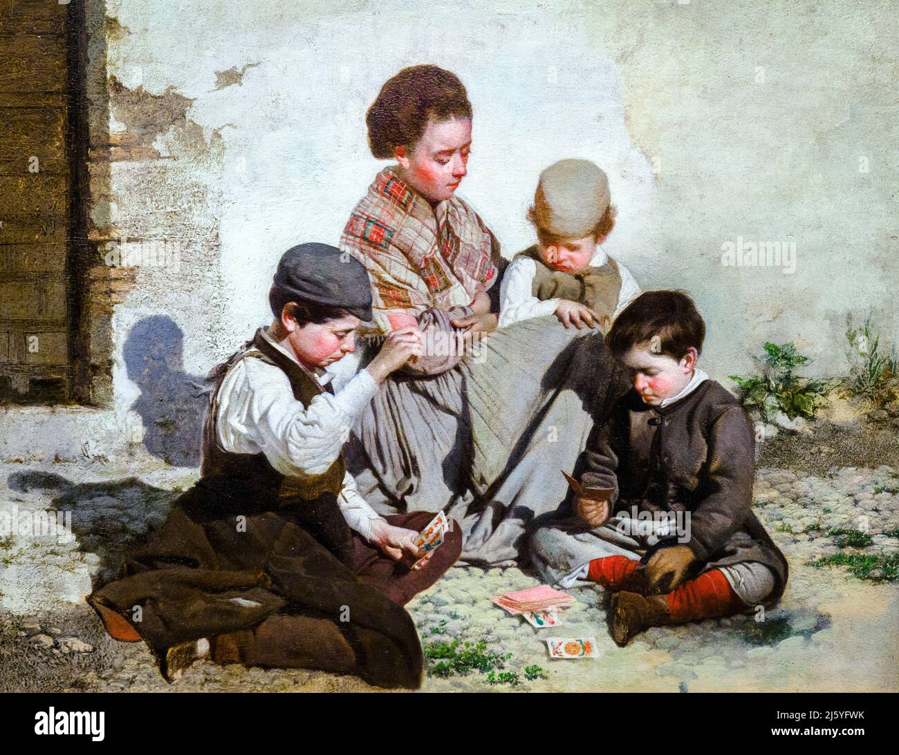 Chicos jugando a las cartas (Kinder spielen Karten) (1876-77) von Rafael Romero Barros (1832-1895) Öl auf dem Bildschirm Stockfoto