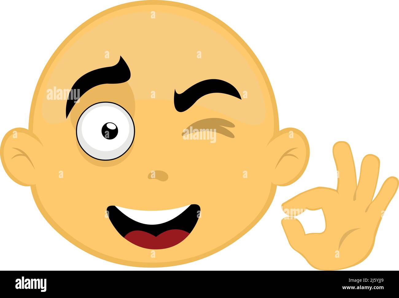 Vektor-Illustration eines gelben, kahlköpfigen Zeichentrickfigur Gesicht winken und machen eine ok oder perfekte Hand Geste Stock Vektor