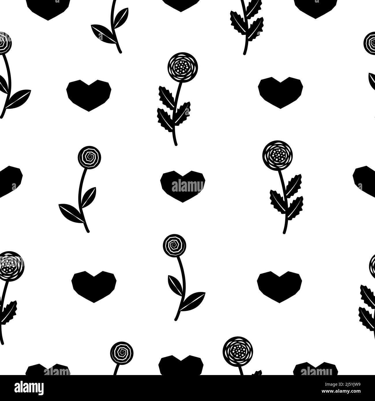 Blumen und Herzen, schwarz-weiß nahtloses Muster Stock Vektor