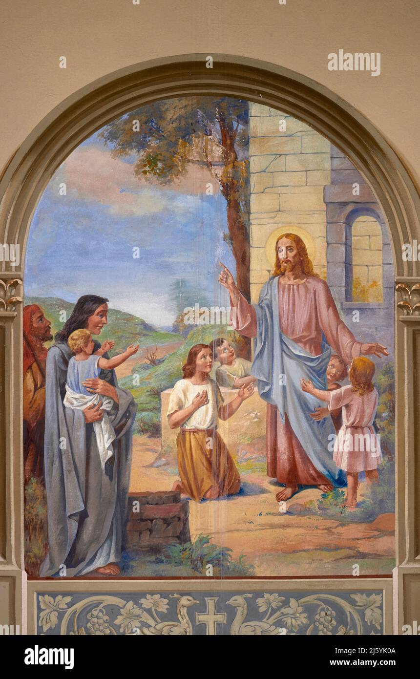 Cristo con i fanciulli - affresco - Cesare Secchi - 1935 - Guzzafame (Lodi),Italia, chiesa parrocchiale dei SS.Pietro e Paolo Stockfoto