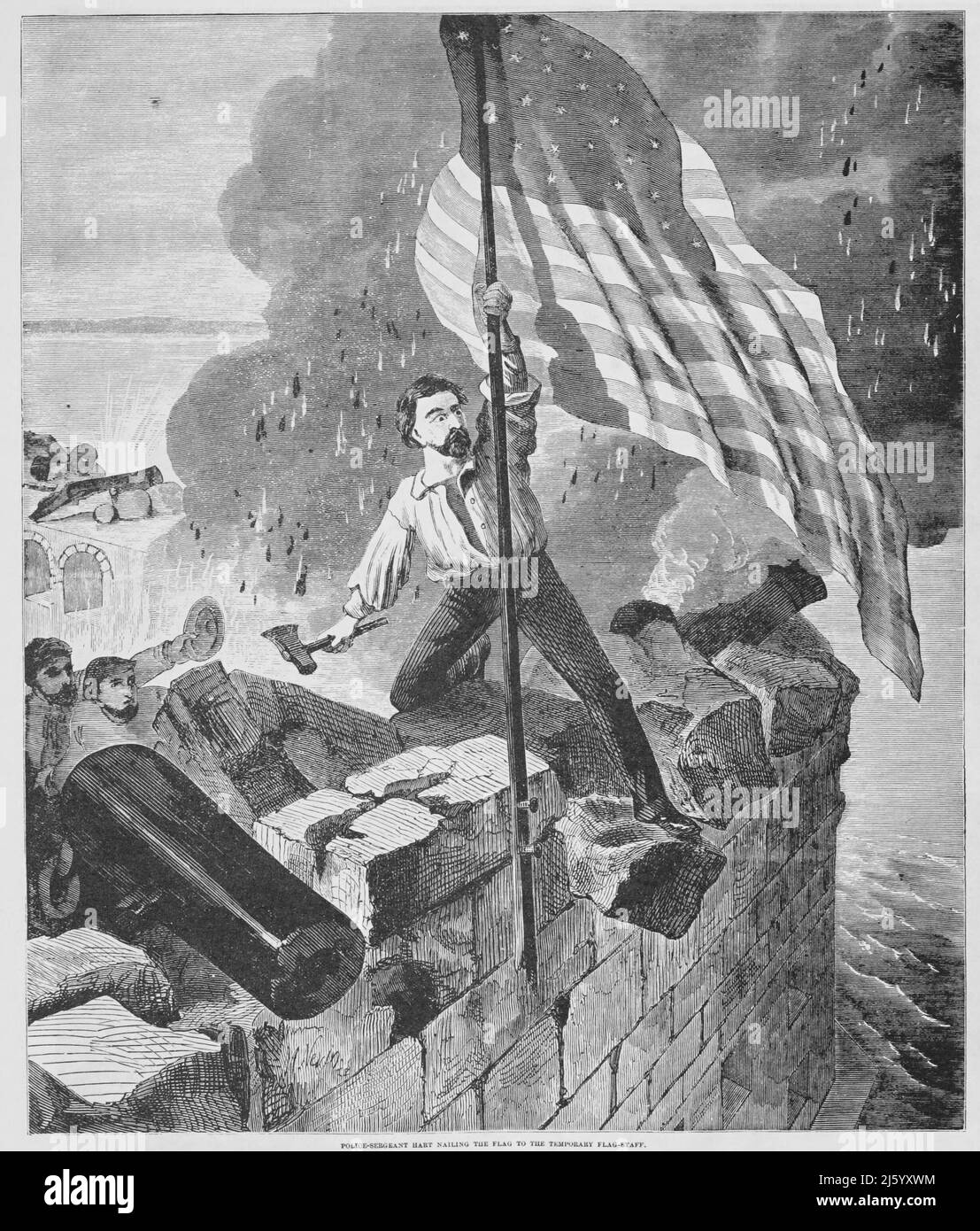 PolizeiSergeant Hart nagelte die Flagge an den temporären Flaggenstab bei der Schlacht von Fort Sumter im amerikanischen Bürgerkrieg. 19.-Jahrhundert-Illustration Stockfoto