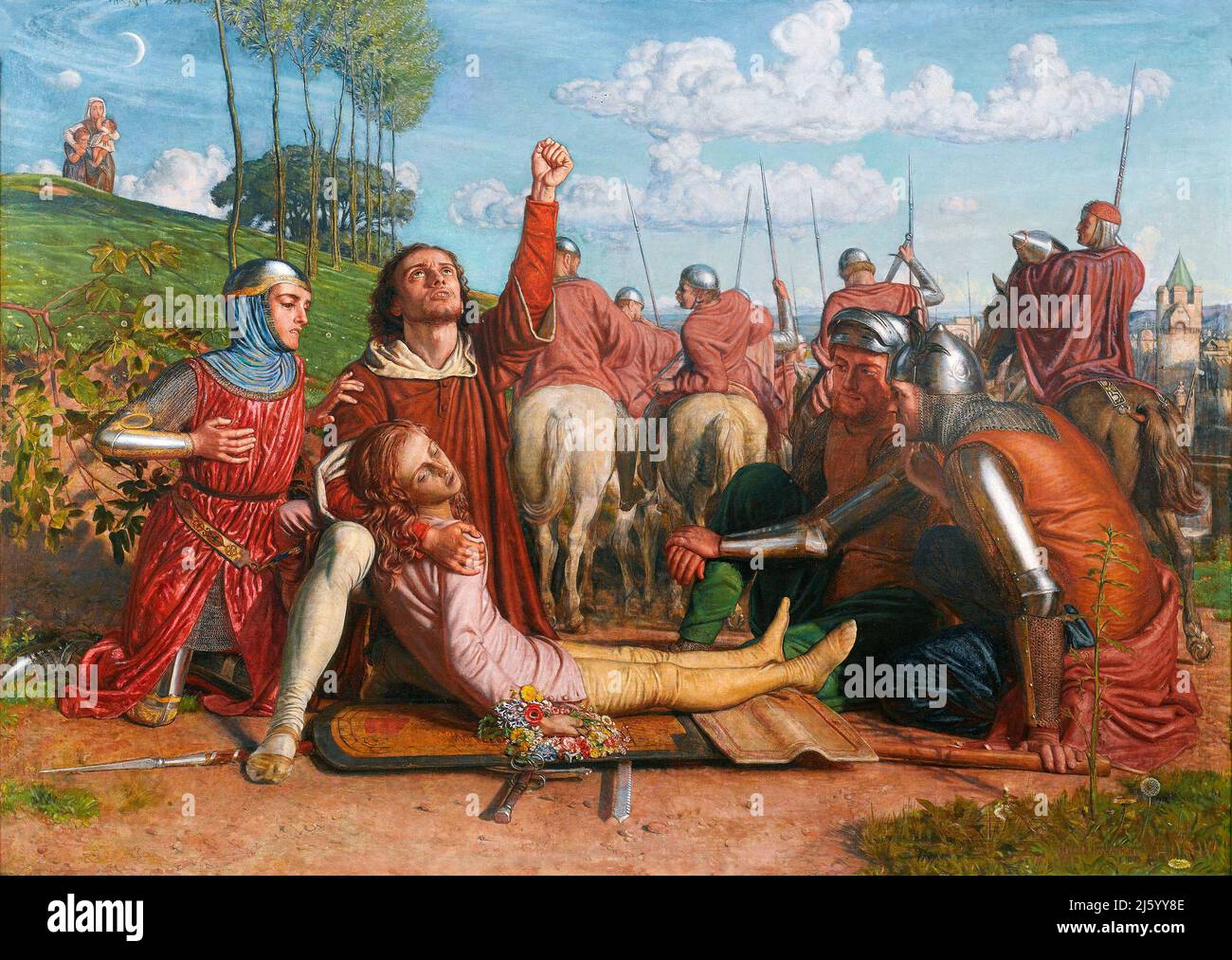 „Rienzi gelobte Gerechtigkeit für den Tod seines jungen Bruders zu erlangen, der zwischen den Colonna- und den Orsini-Fraktionen in einem Gefecht erschlagen wurde“ von William Holman Hunt (1827-1910), Öl auf Leinwand, 1849. Holman Hunt war eine führende Figur in der Pre-Raphaelite-Bewegung des 19.. Jahrhunderts. Stockfoto