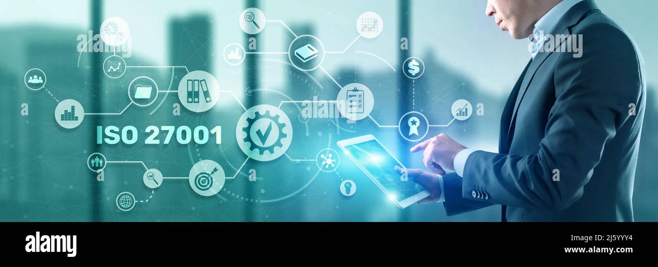 ISO 27001. Internationaler Informationssicherheitsstandard. Konzept der ISO-Normen Qualitätskontrolle Garantie. Stockfoto