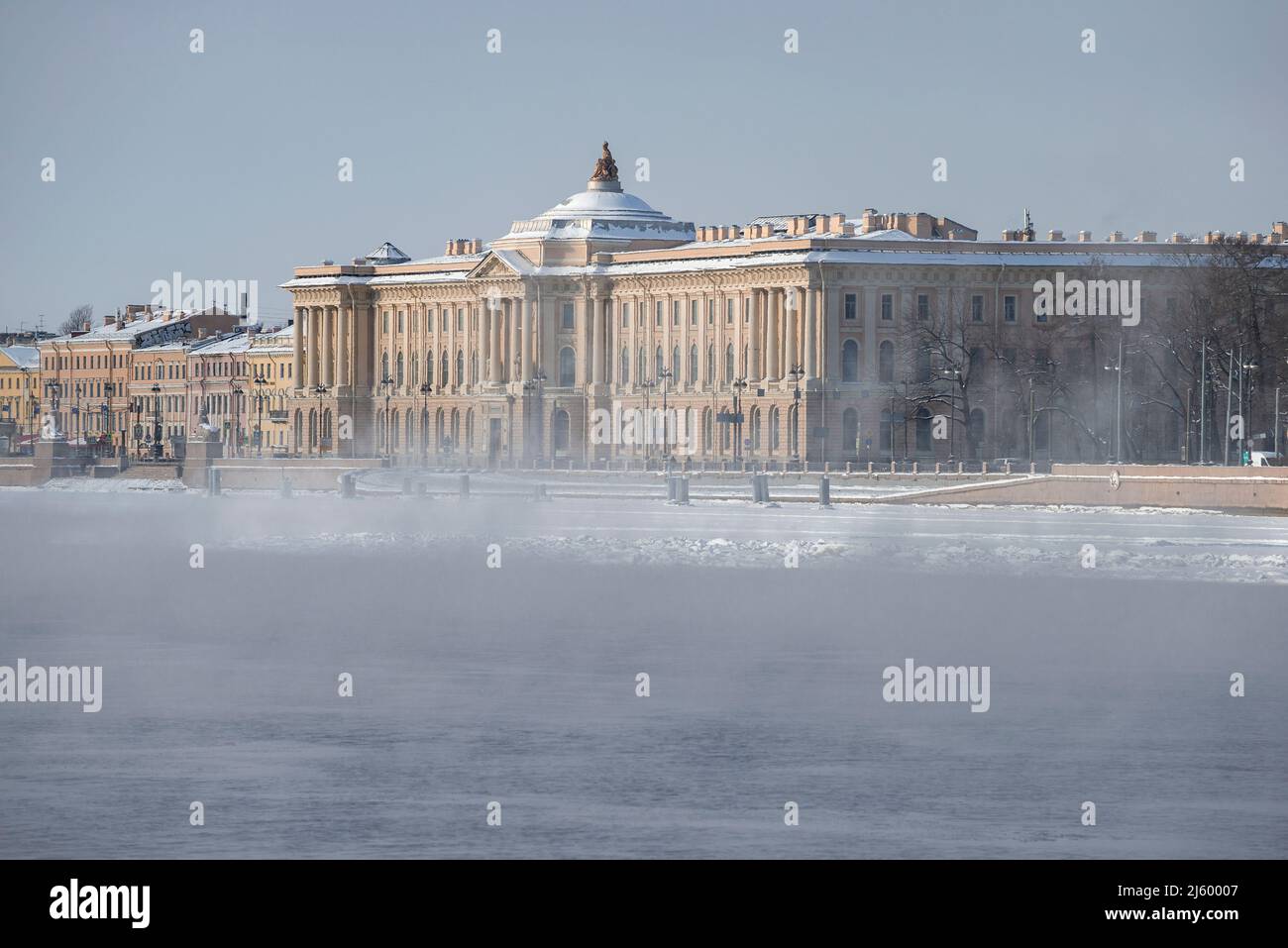 SANKT PETERSBURG, RUSSLAND - 15. FEBRUAR 2021: Blick auf das Gebäude der St. Petersburger Akademie der Künste, benannt nach Ilya Repin, während des Winters Neva Stockfoto
