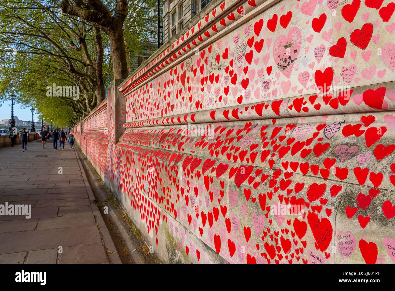 Westminster, London, Großbritannien - 20.04.2022: Die Nationale COVID Gedenkmauer mit roten Herzen mit den Namen, Todesdaten der Covid-Opfer. High qu Stockfoto