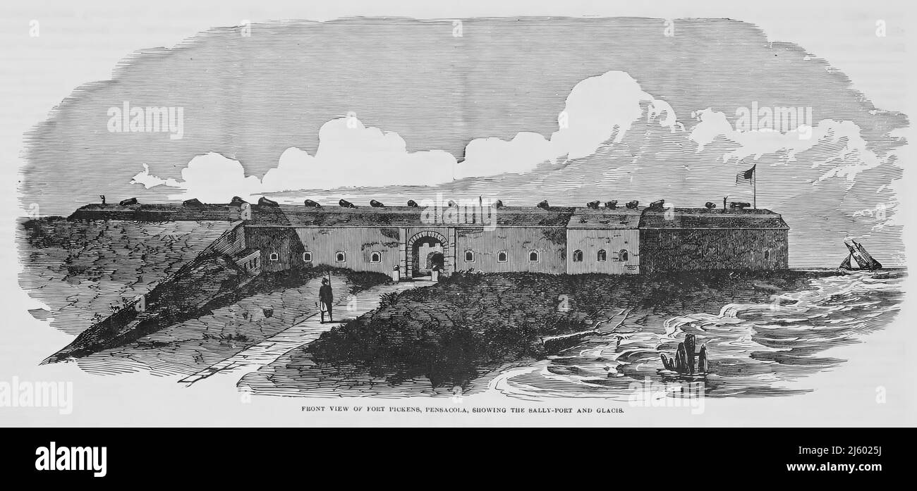 Vorderansicht von Fort Pickens, Pensacola, Florida, zeigt den Sally-Port und Glacis. 19.-Jahrhundert-Illustration Stockfoto