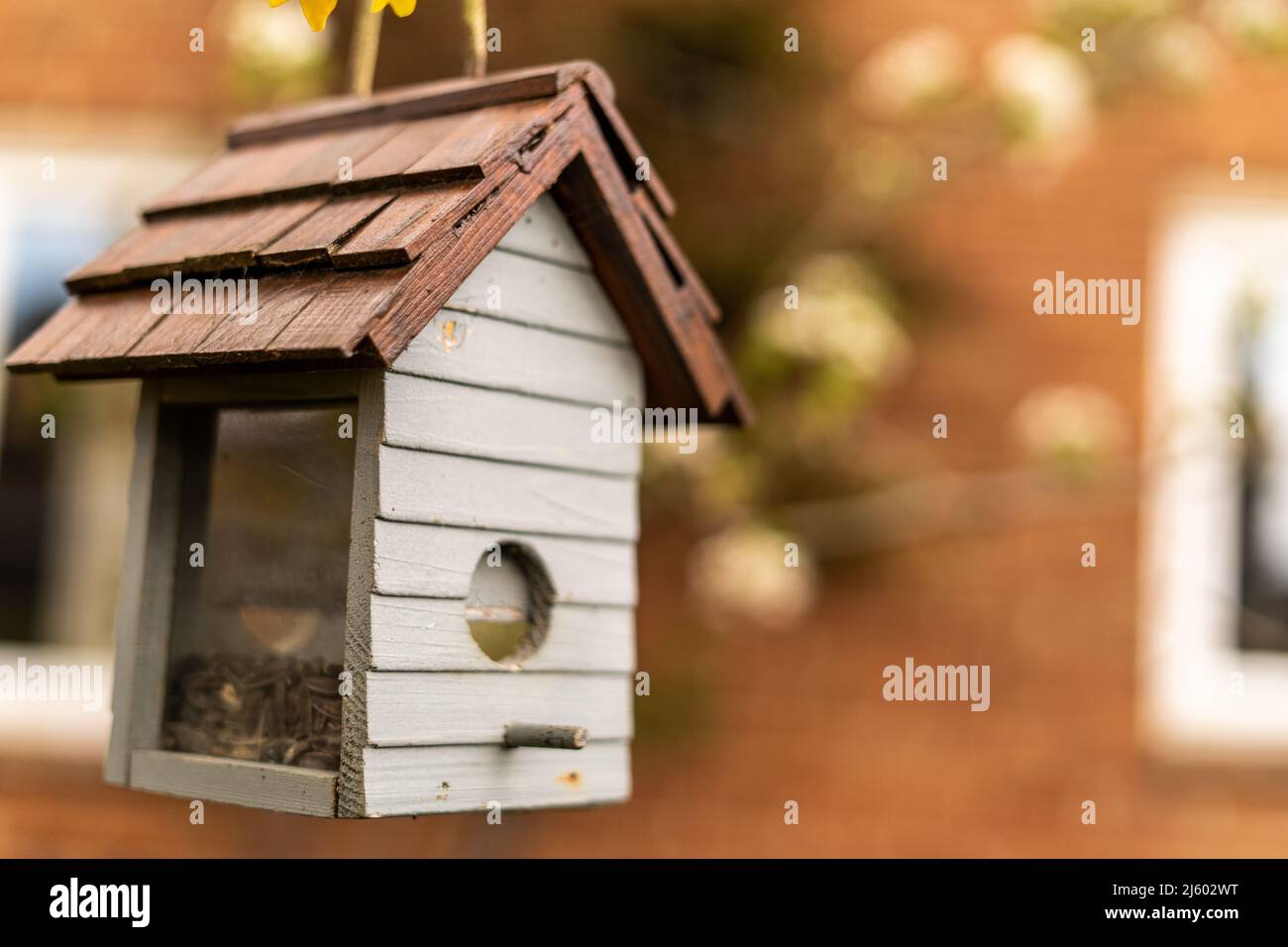 Vogelfutterhäuschen in Form eines kleinen Hauses mit Glas an den Seiten, um Vögel davon essen zu sehen. Vogelhaus aus Holz in weiß und braun, Vogelhaus für Stockfoto