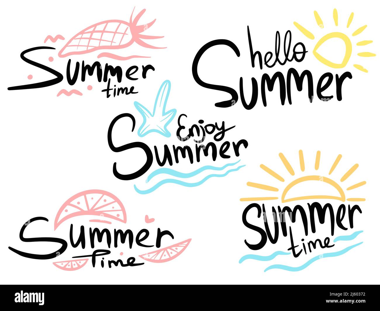 Vector Set von Sommer-Etiketten, Logos, handgezeichnete Tags und Elemente für Sommerurlaub, Reisen, Strandurlaub, Sonne. Stock Vektor