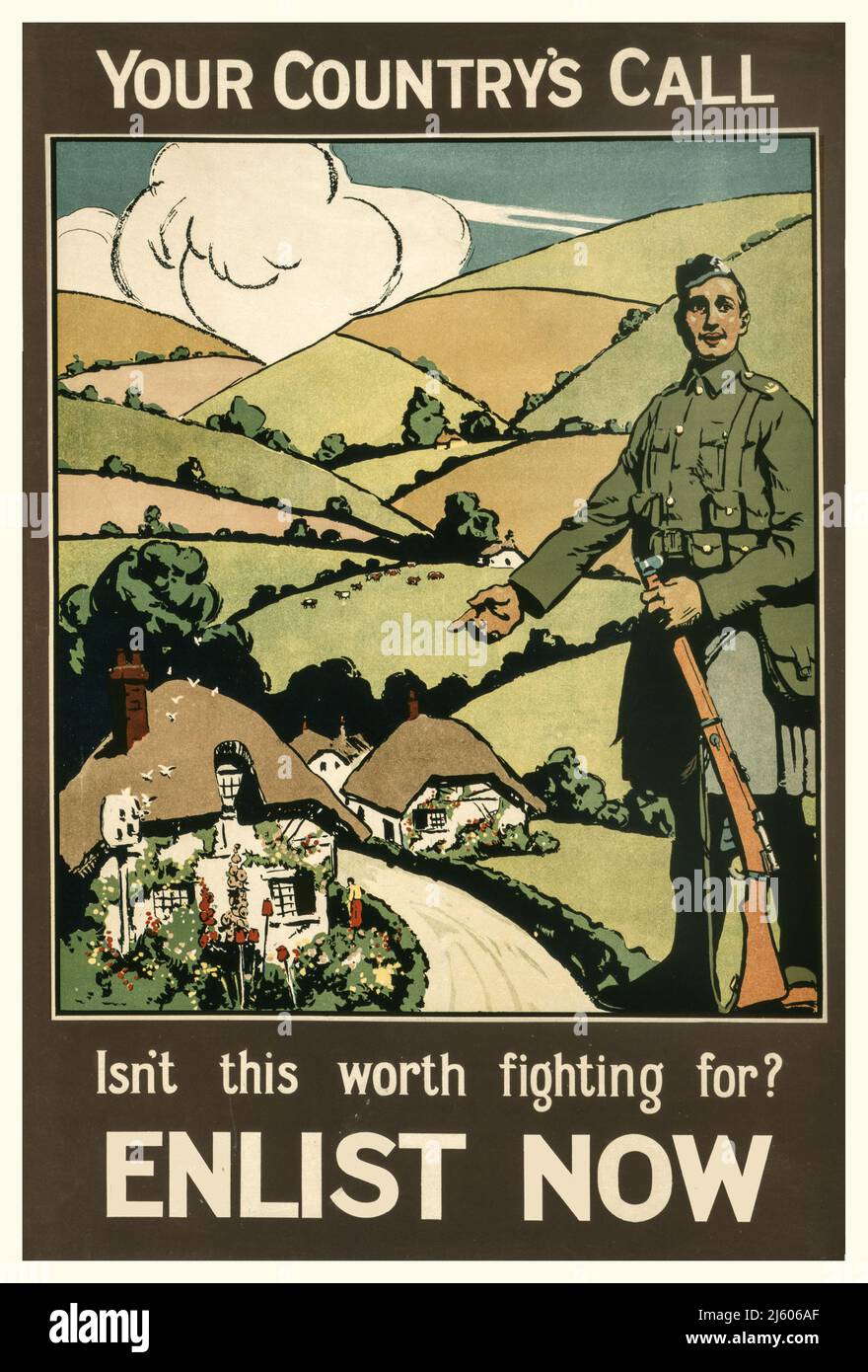 Ein britisches Werbeplakat von 1915 mit dem Slogan „der Ruf Ihres Landes, lohnt es sich nicht, dafür zu kämpfen?“ In einer idyllischen Landschaft. Künstler Unbekannt. Stockfoto