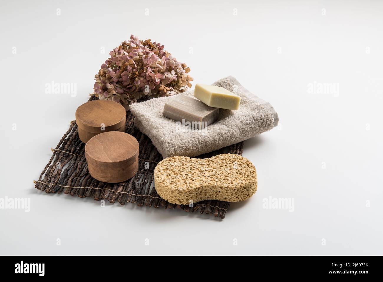 Bad Accessoires Set mit Seifen Stockfoto
