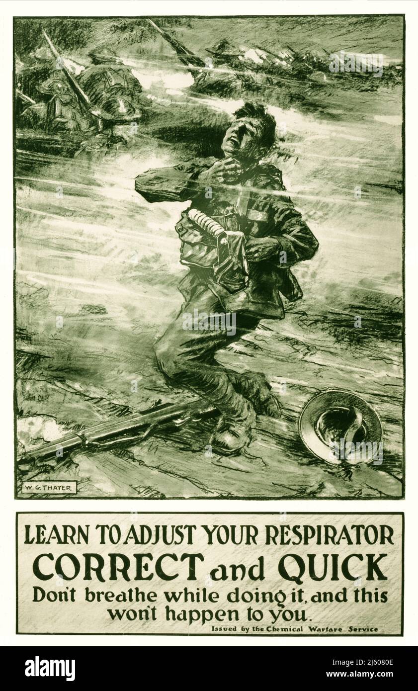 Ein Schulungsplakat der britischen Armee aus dem Jahr 1915 für die korrekte Verwendung einer Gasmaske: „Lerne, dein Atemschutzgerät richtig und schnell einzustellen. Atme nicht, während du es tust, und das wird dir nicht passieren.“ Künstler Unbekannt. Stockfoto