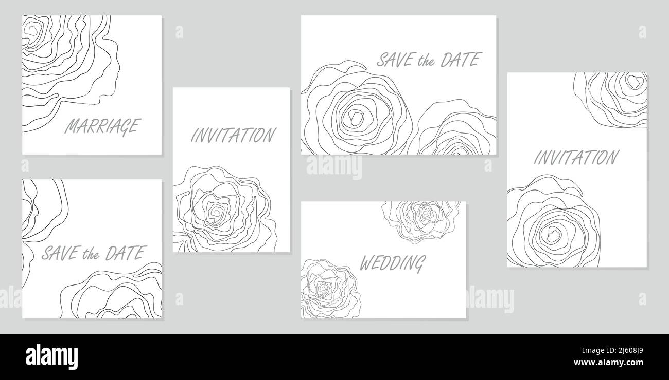 Elegante minimalistische Vorlage Hochzeit Einladung Karte. Blumen schwarz Linie Kunst Tinte Zeichnung. VIP-Deckblatt-Vorlage, speichern Sie das Datumsdesign Stock Vektor
