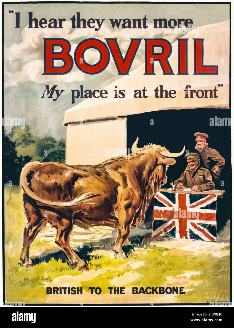 Ein britisches Plakat von 1915, ein Teil Propaganda und ein Teil Werbeplakat für Bovril, eine Marke für Rindfleischextrakt. Das Plakat zeigt, wie sich ein Bulle einer Rekrutierungsstation nähert, die mit der britischen Flagge geschmückt ist. Künstler unbekannt Stockfoto