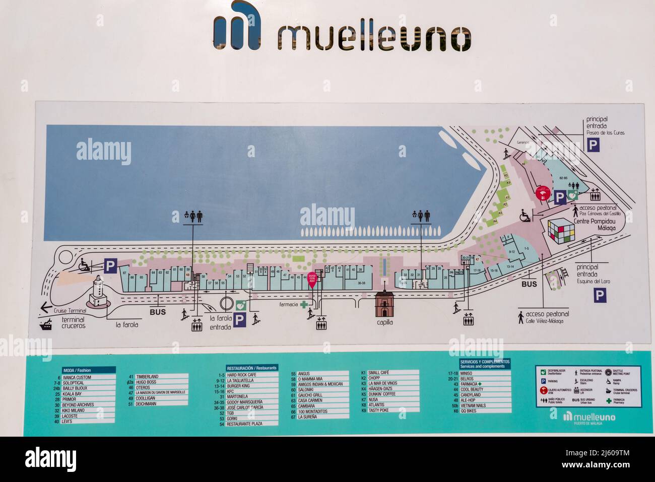 Die Karte des Hauptdocks des Hafens von Malaga. Die ganze Lage und die Touristenattraktion von 'Muelle Uno' Dock. Stockfoto