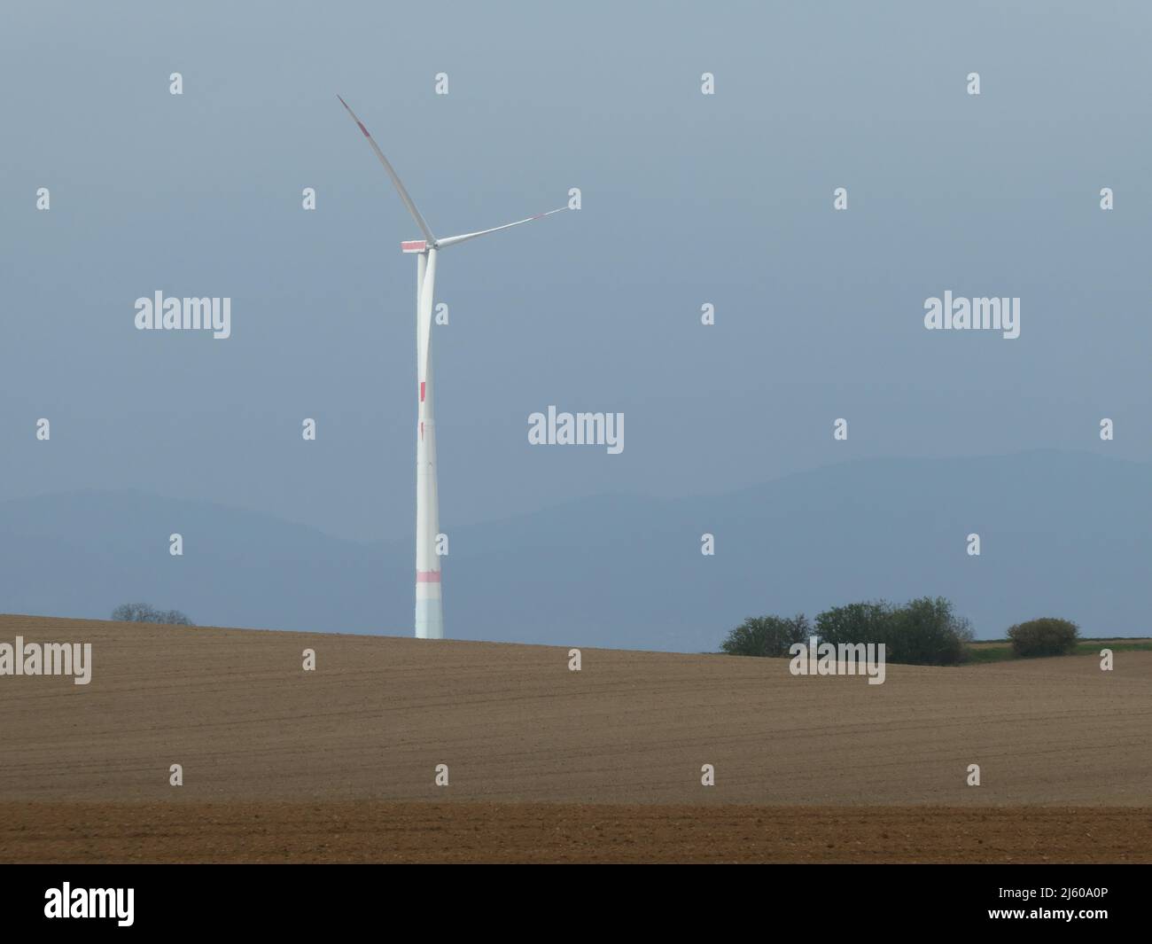 Windturbine in ländlicher Landschaft im Frühling Stockfoto