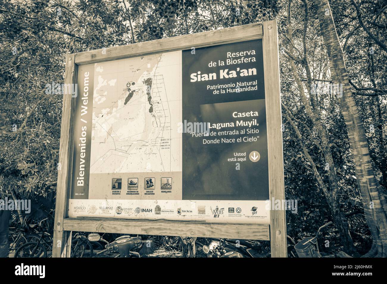 Muyil Mexiko 02. Februar 2022 Altes Schwarz-Weiß-Bild eines Informationseingangs Wanderwege und willkommen Sing Board zum Sian Ka'an National Stockfoto