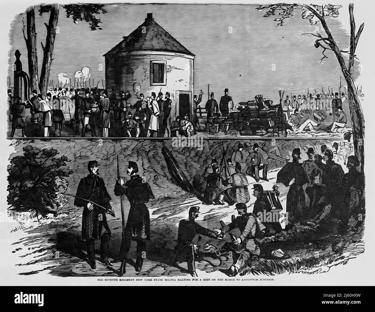 Die Miliz des Siebten Regiments des Staates New York, die auf dem Marsch nach Annapolis Junction, dem amerikanischen Bürgerkrieg, zur Ruhe kam. 19.-Jahrhundert-Illustration Stockfoto