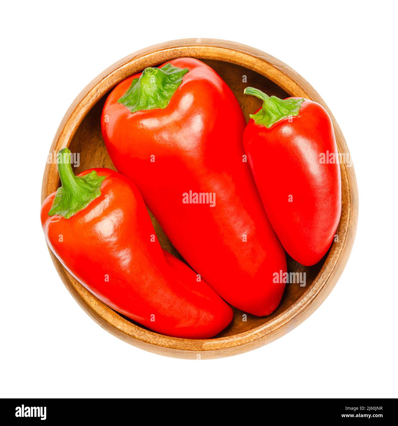 Naschen Sie rote Mini-Paprika, in einer Holzschüssel. Reife und frische Paprika, auch Capsicums genannt. Früchte der Sorten Capsicum annuum. Stockfoto