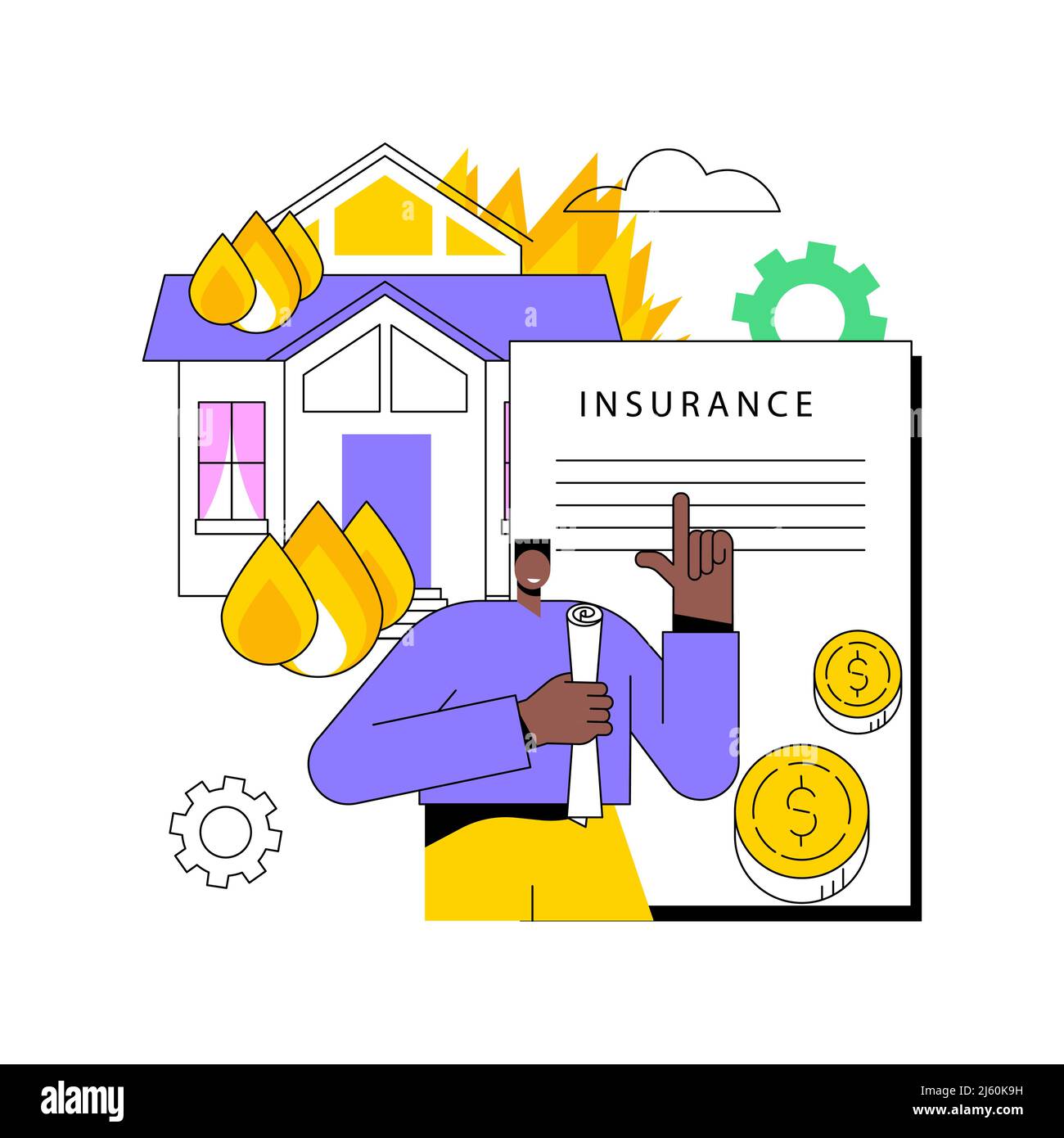 Abstraktes Konzept der Brandversicherung – Vektorgrafik. Feuerschutzversicherung, Unfallversicherung, Schutz von Gegenständen, Standardversicherung, Schadensversicherung, Abstrakte Metapher des Staatsdienstes. Stock Vektor