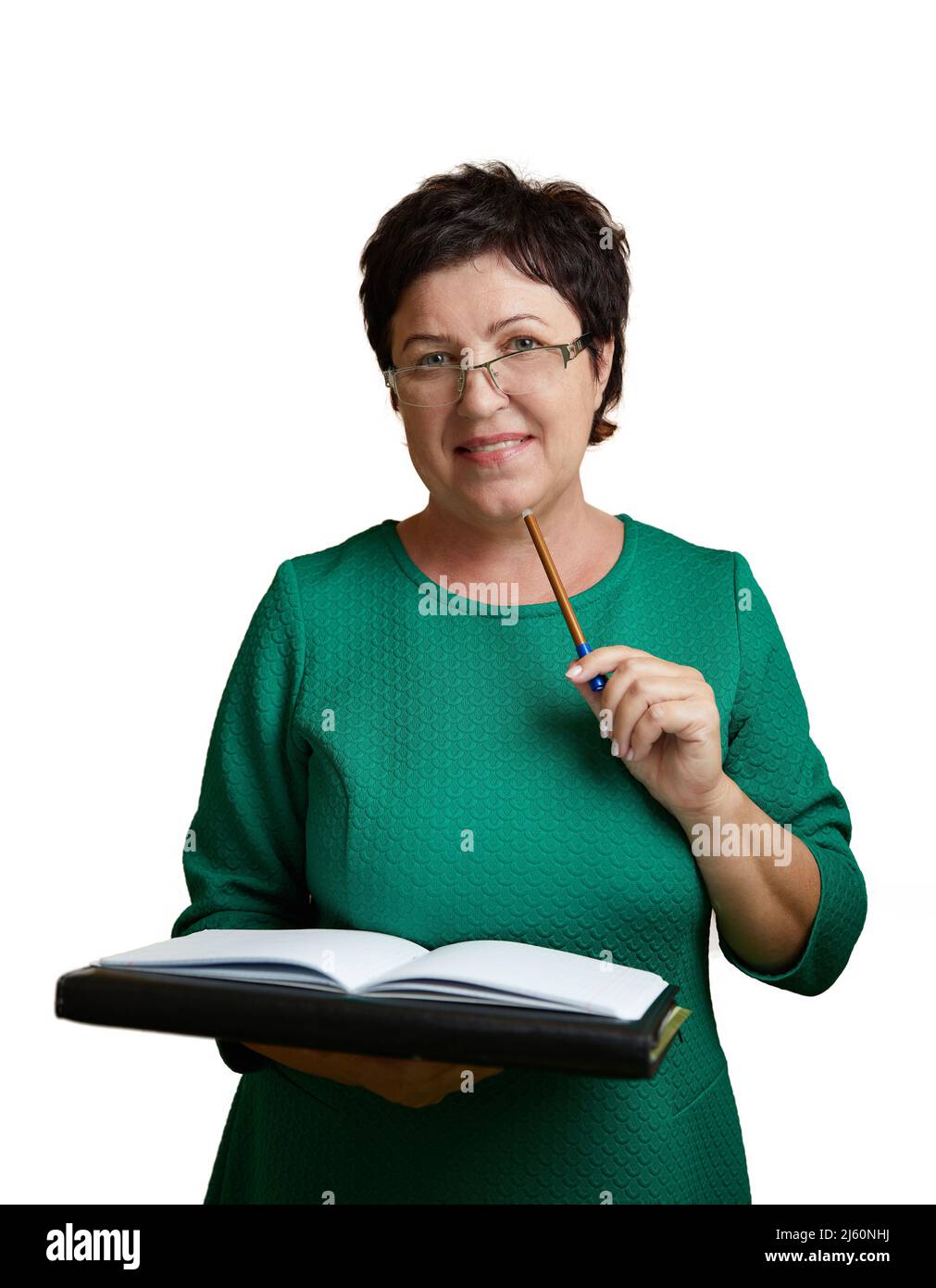 Portrait der kaukasischen reifen Lehrerin auf weißem Hintergrund Stockfoto