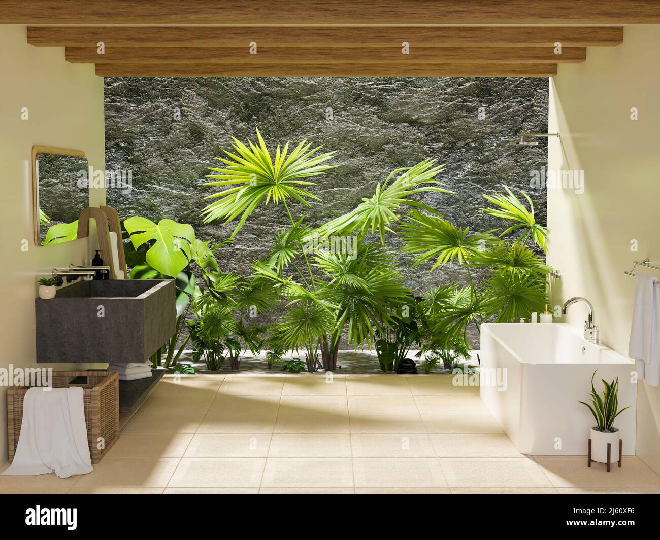 Modernes Luxus-Badezimmer mit natürlichem Grün, tropischen  Dschungelpflanzen, luxuriöser Badewanne, Regendusche und modernem  Waschbecken. 3D Rendering, 3D illus Stockfotografie - Alamy