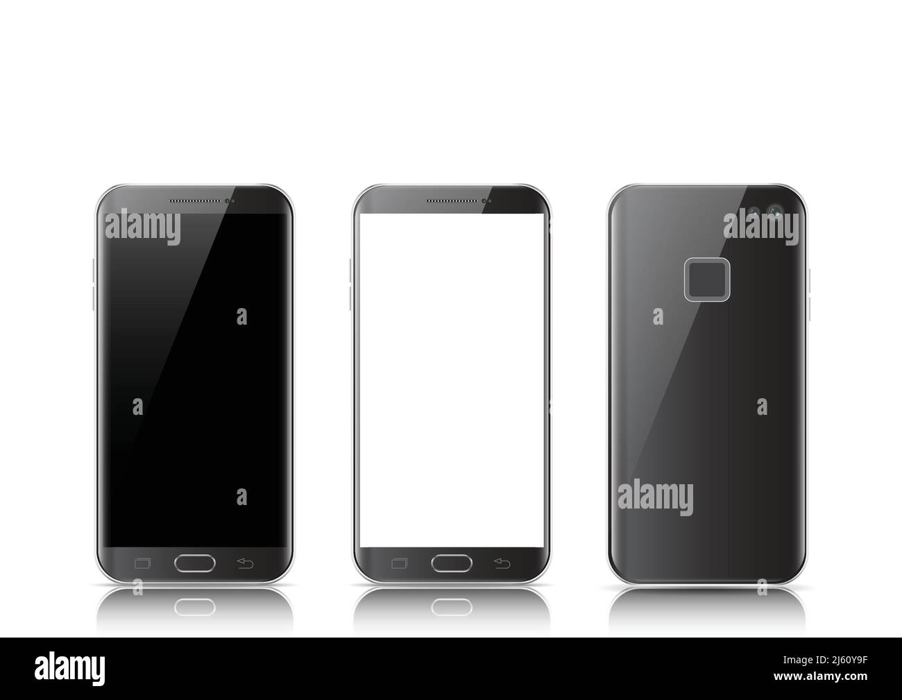 Moderne schwarze Touchscreen Handy Tablet Smartphone auf hellem Hintergrund isoliert. Telefon auf Vorder- und Rückseite isoliert. Vektorgrafik. Stock Vektor