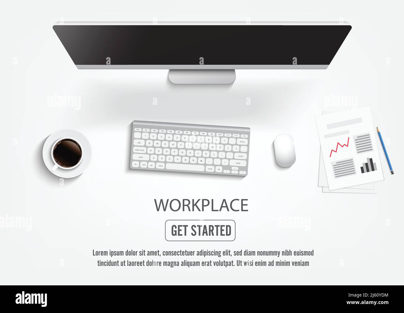 Realistischer Arbeitsplatz-Desktop. Draufsicht Schreibtisch, PC mit Tastatur, Smartphone, Aufkleber, Brille, offene Notiz. illustrator-Vektor. Stock Vektor