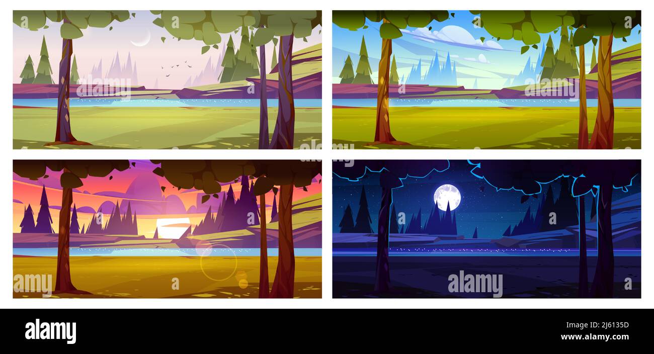 Fluss mit felsiger Küste, grünem Gras und Bäumen zu verschiedenen Tageszeiten. Vektor-Cartoon-Illustration der Sommerlandschaft, Landschaft mit Wasserstrahl am frühen Morgen, Nacht, Sonnenuntergang und Mittag Stock Vektor