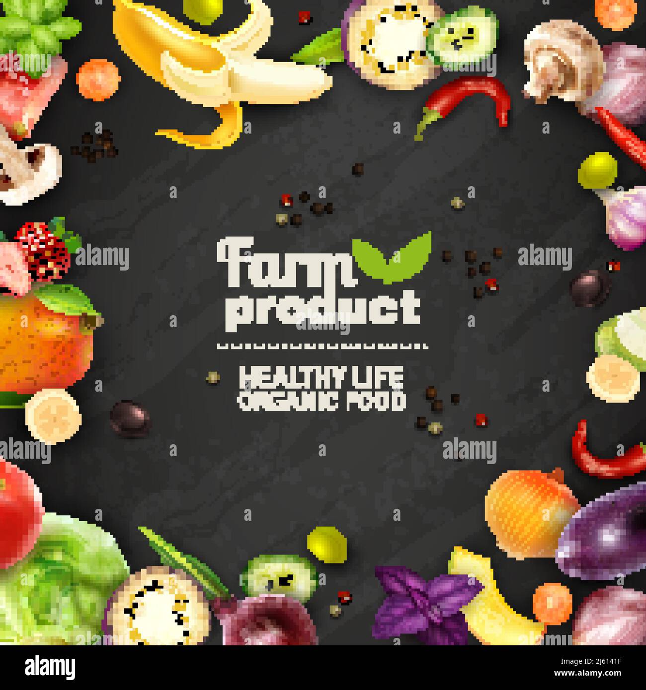 Bauernhof Produkt typografisches Plakat mit schwarzer Kreidetafel Hintergrund und Farbe Dekorativer Rahmen aus Obst und Gemüse Zeichen für Gesundheit zusammengesetzt Stock Vektor