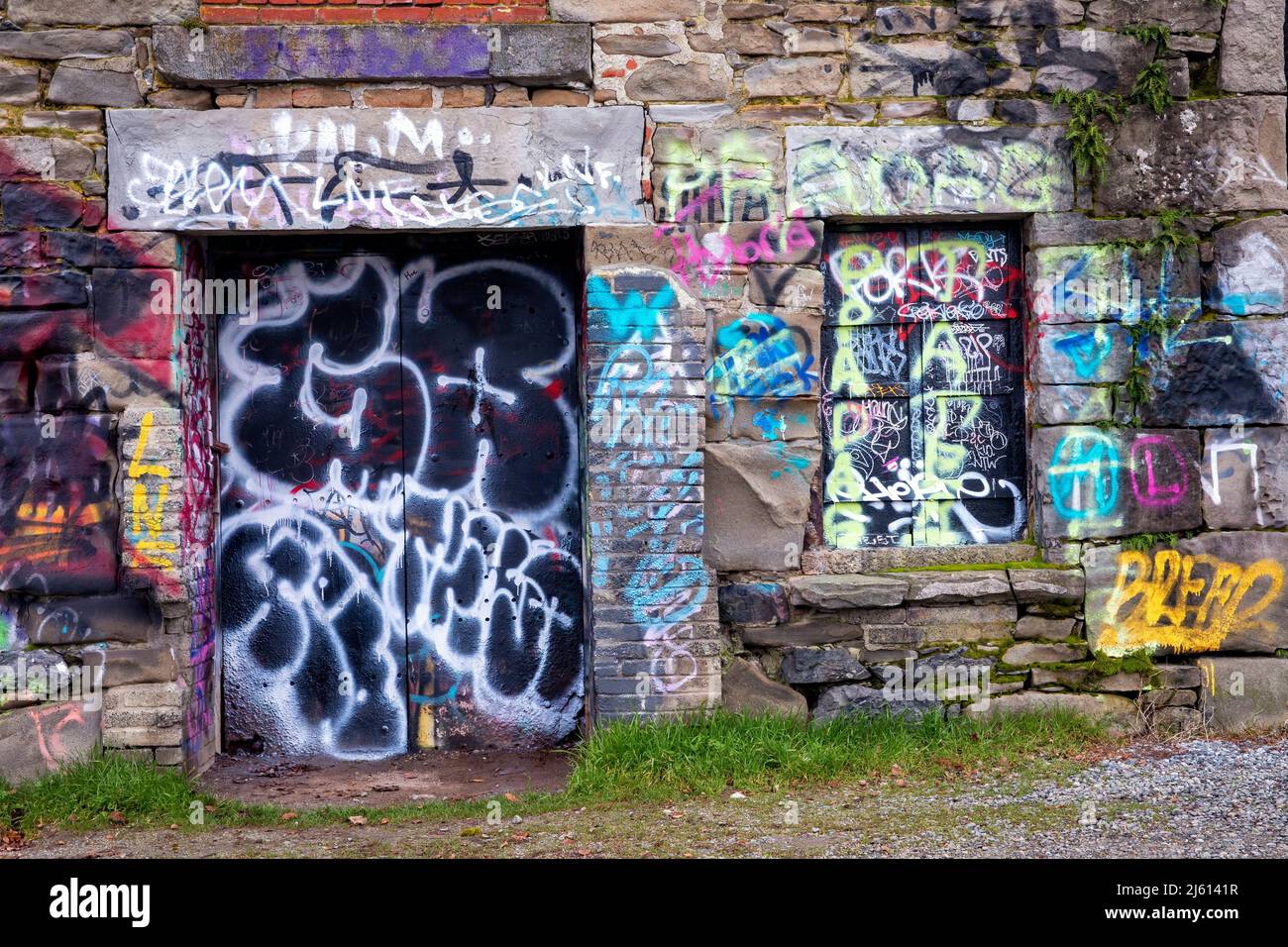 Graffiti auf Gebäuden in Victoria, Vancouver Island, British Columbia, Kanada Stockfoto