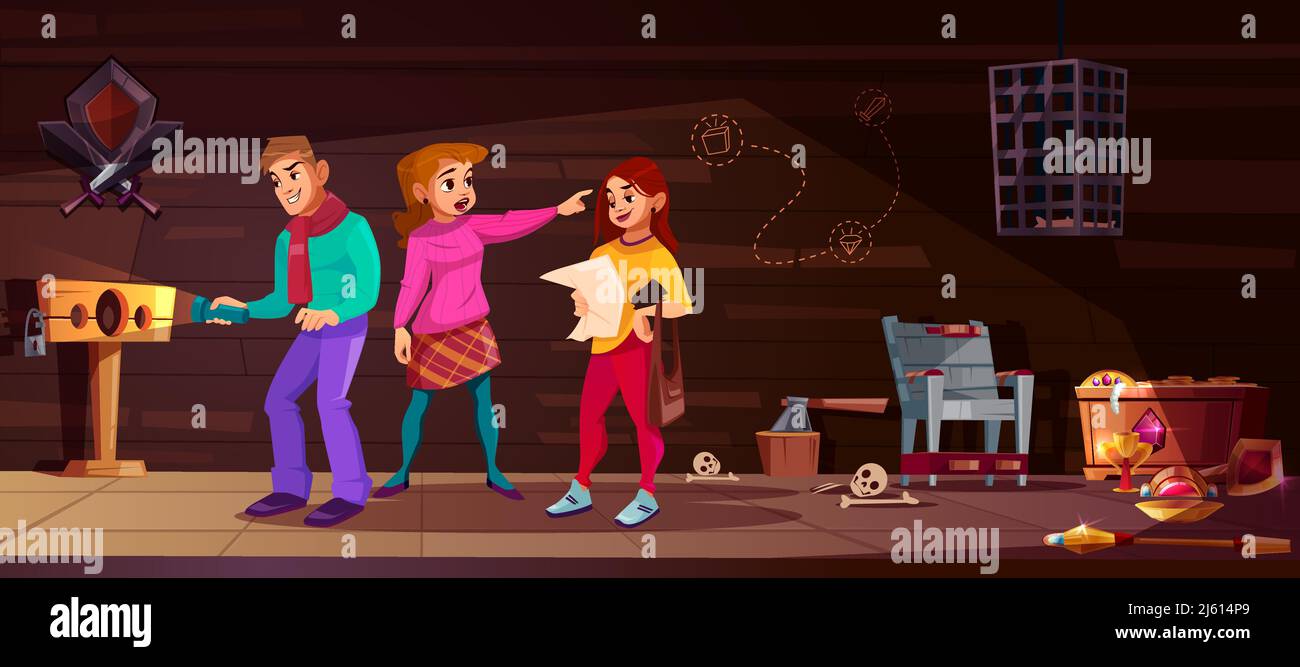 Vektor Cartoon Hintergrund für Spiel, Suche mit Menschen in mittelalterlichen Folterhalle. Flucht Zimmer mit Kerl und Mädchen. Mann mit Taschenlampe sucht das e Stock Vektor