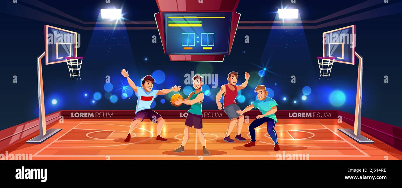 Vector Cartoon Hintergrund mit Sportlern, die Mannschaftsspiel auf Basketball-Arena spielen. Indoor-Spielplatz in Scheinwerfern mit elektronischer Anzeigetafel, Backbo Stock Vektor