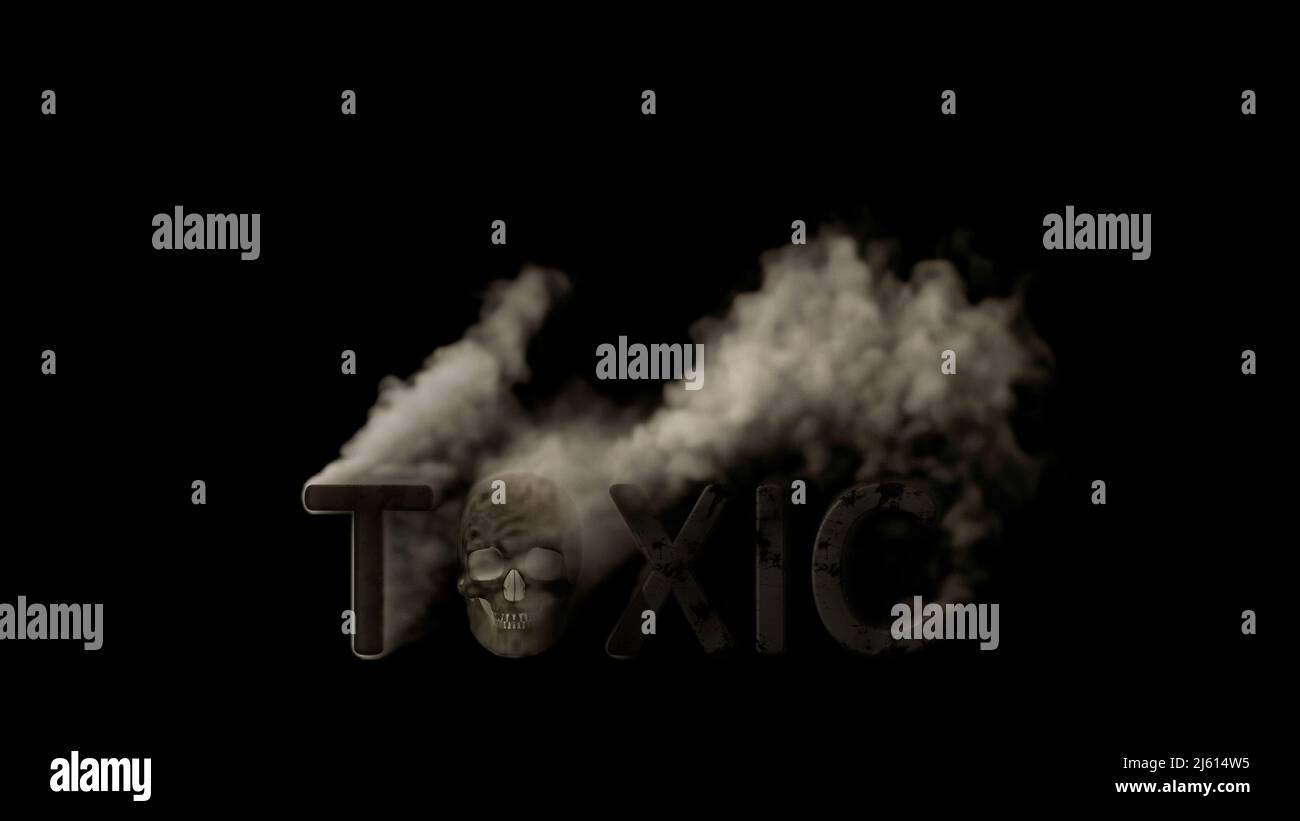 Text CO2 Emissionen mit Schädelrauchen auf schwarzem Hintergrund, isoliert - Abstract 3D Rendering Stockfoto