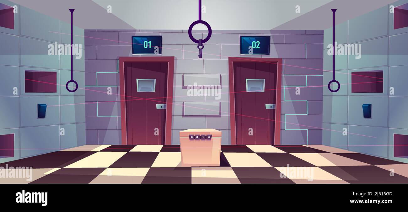 Vektor-Cartoon-Hintergrund der Quest-Raum mit geschlossenen Türen, rätsel und Rätsel für Menschen. Stand mit Rätsel, Schlüssel und Elemente für moderne Spiel, es Stock Vektor