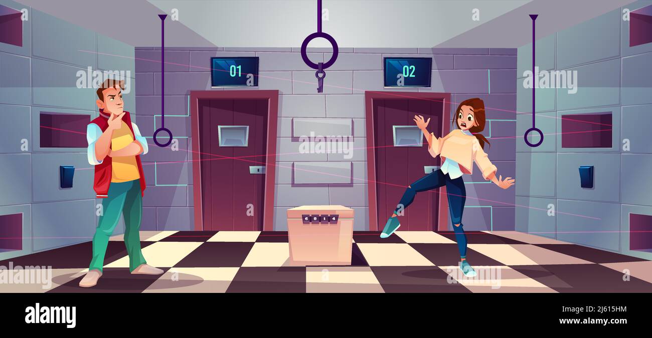 Vektor-Cartoon Hintergrund der Quest-Raum mit Menschen - Kerl und Mädchen entscheiden rätsel und Rätsel. Stand mit Rätsel, Schlüssel und Elemente für moderne Spiel Stock Vektor