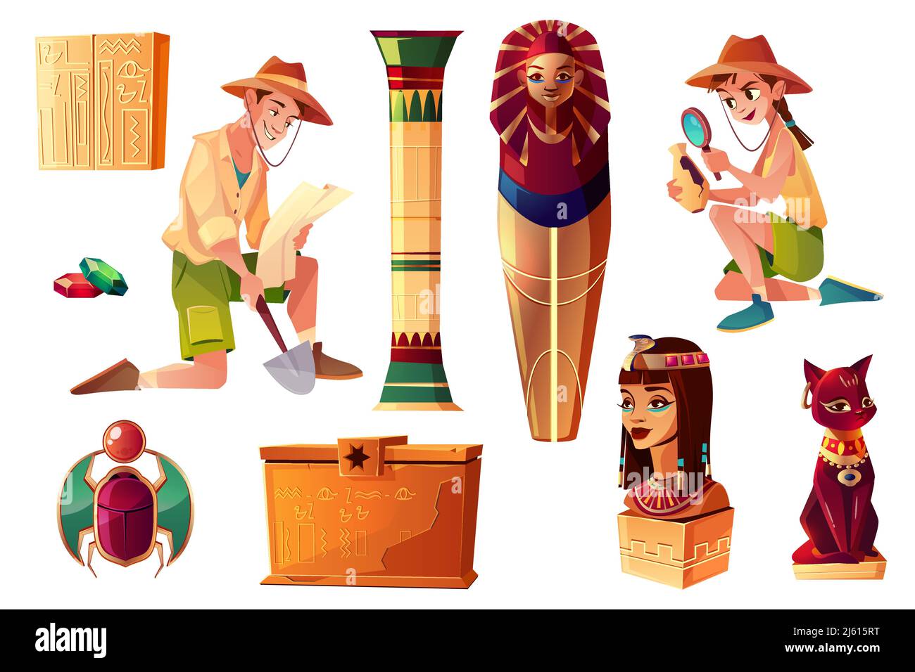 Vector ägyptischen Cartoon-Set - Paläontologe und Archäologe Charaktere, pharao Sarkophag und Symbole der Kultur. Sammlung von Grab, Objekte auf b Stock Vektor