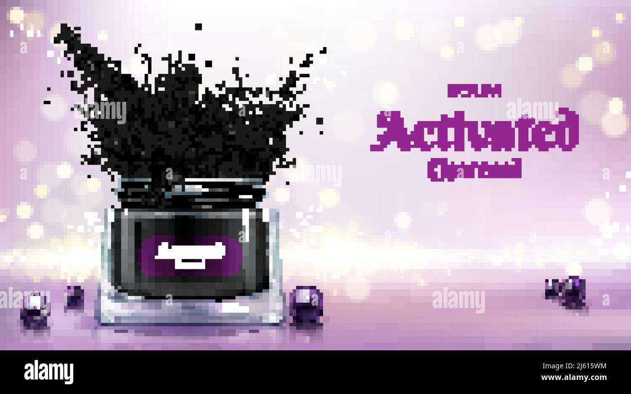 Kosmetik-Produkt mit Aktivkohle 3d realistische Vektor-Werbebanner, Promo-Poster. Geöffnetes Glas mit Zahnpulver, Gesichtscreme, Detox-Maske, Stock Vektor