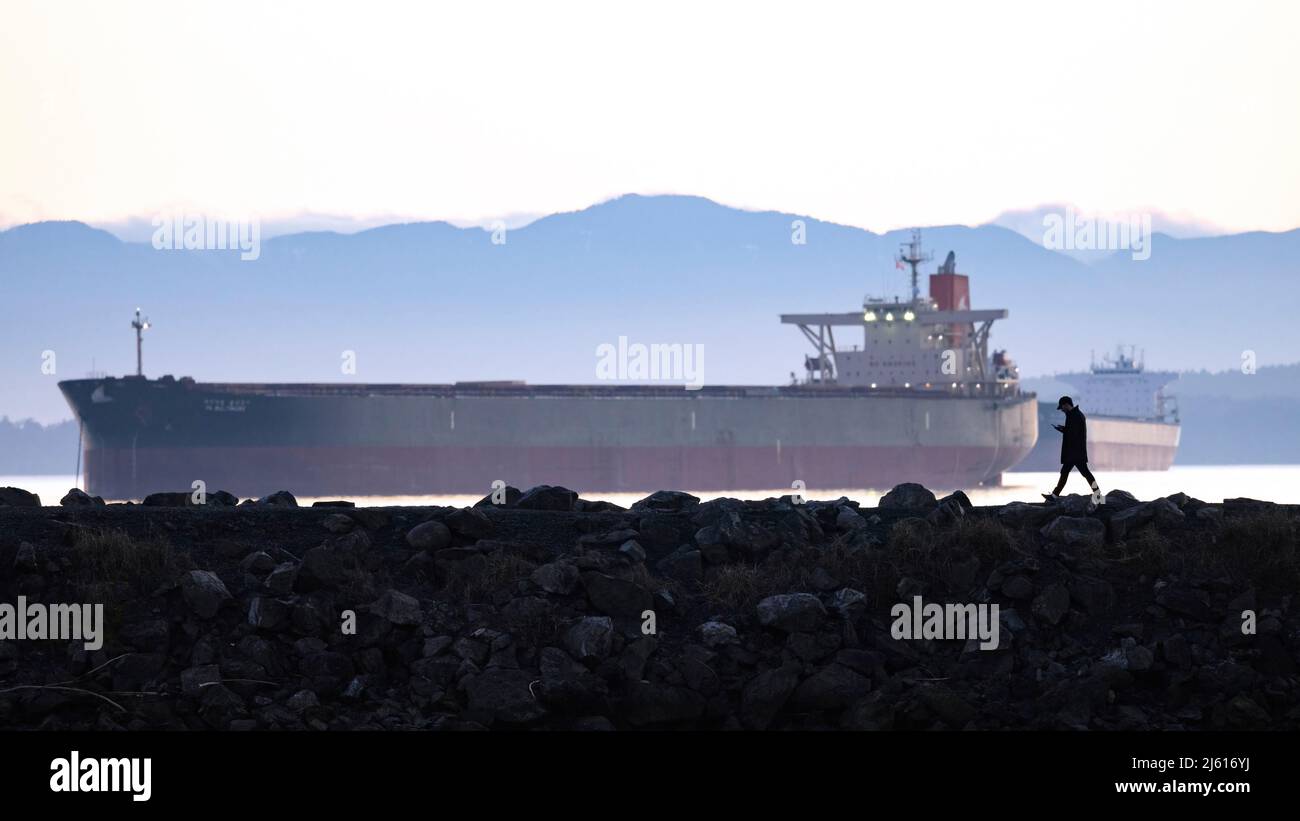 Leeres Containerschiff vor der Küste des Macaulay Point Parks in Esquimalt - Victoria, Vancouver Island, British Columbia, Kanada Stockfoto